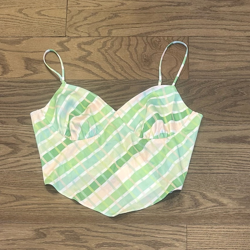 NIA Green Pink Plaid Smocked Cami Crop Top Large NWT Handkerchief Hem